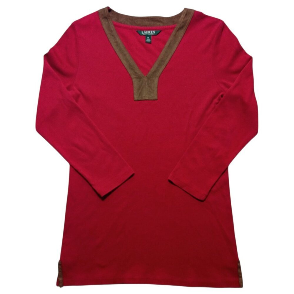 Lauren Ralph Lauren Women’s Red Pullover Sweater M Faux Suede Trim Cozy Classic - Picture 2 of 11